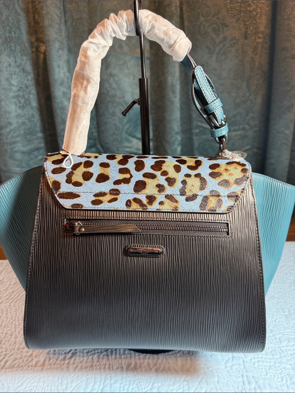 Sharif Blue and Leopard-Calf Hair Print Top-Handle Satchel - Picture 5 of 15